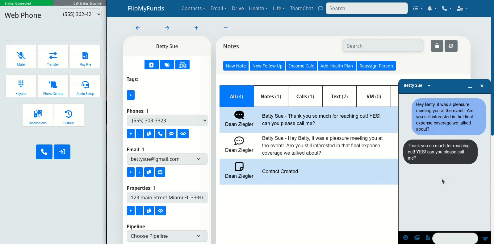 View of FlipMyFunds CRM with open Dialer, Person Page, and two Text Messages